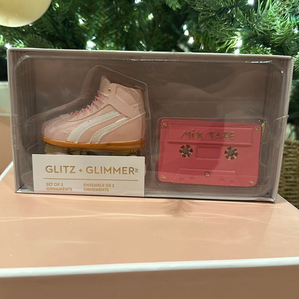Glitz + Glimmer Christmas tree ornaments skates pink mix tape 80s pinkmas gift